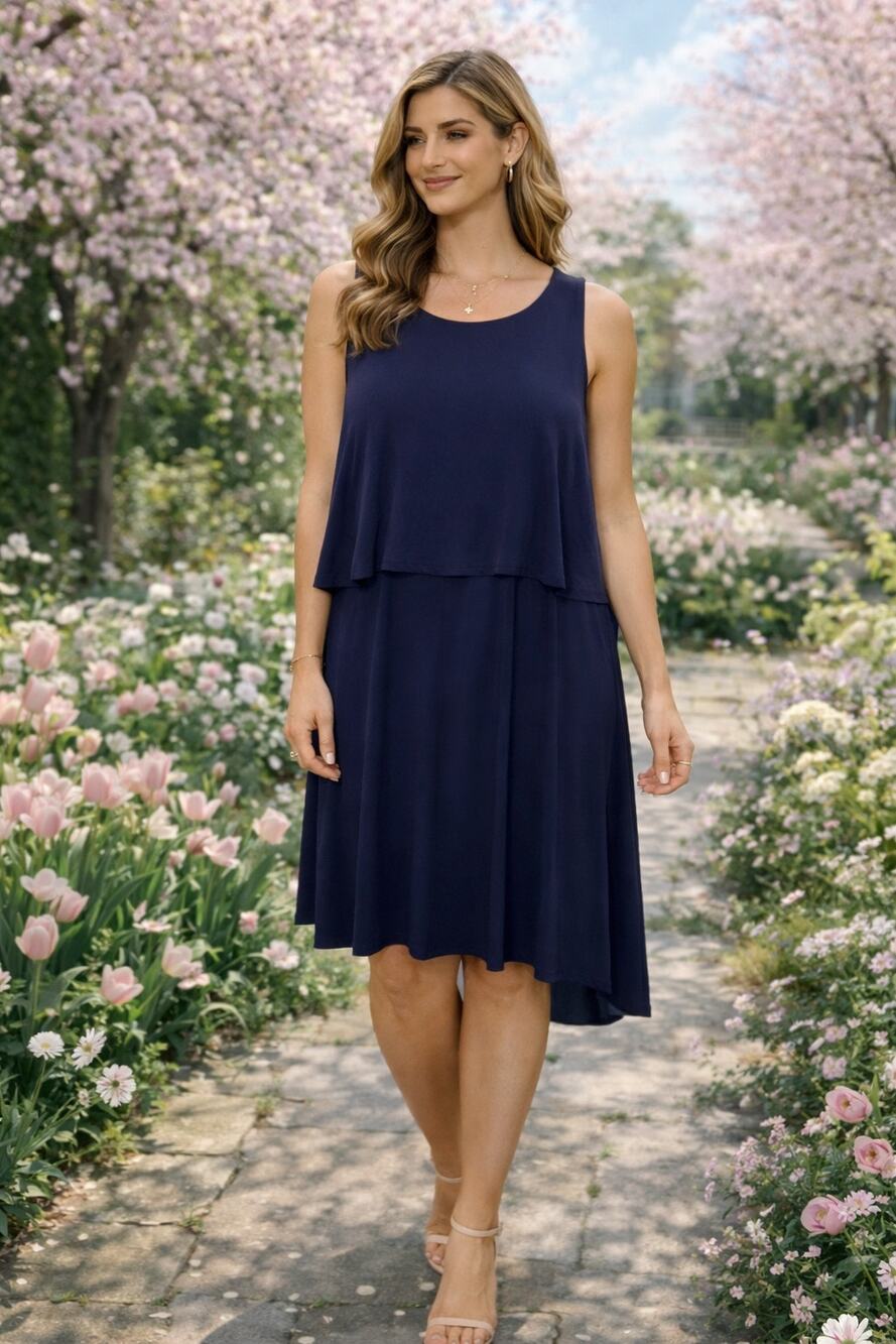 Stella Luce Navy Blue Dress Size XL Layered Swing Coastal Chic Minimalist preppy